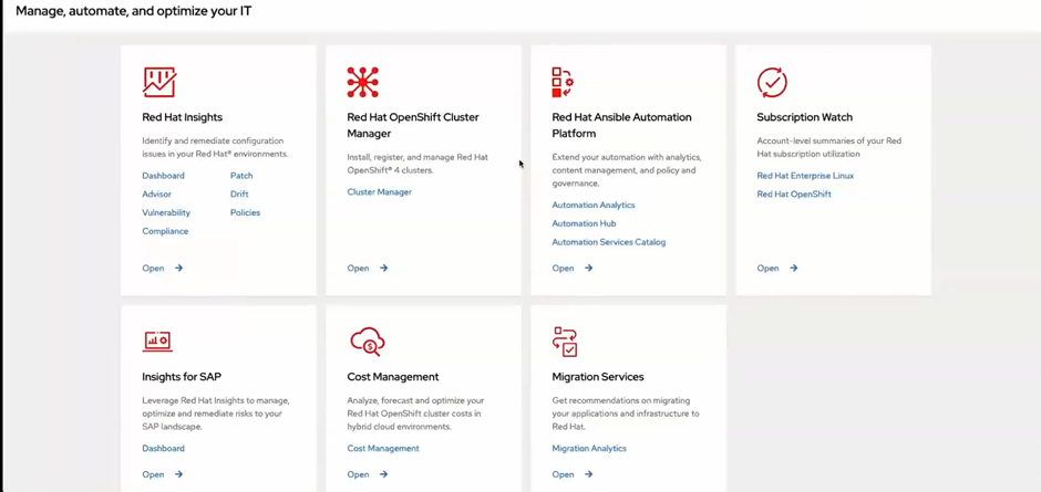 The RedHat OpenShift console displays a variety of submenus. 