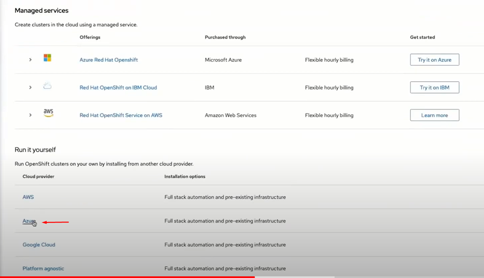 The Red Hat management console displays several options for deploying OpenShift on different IaaS platforms. 