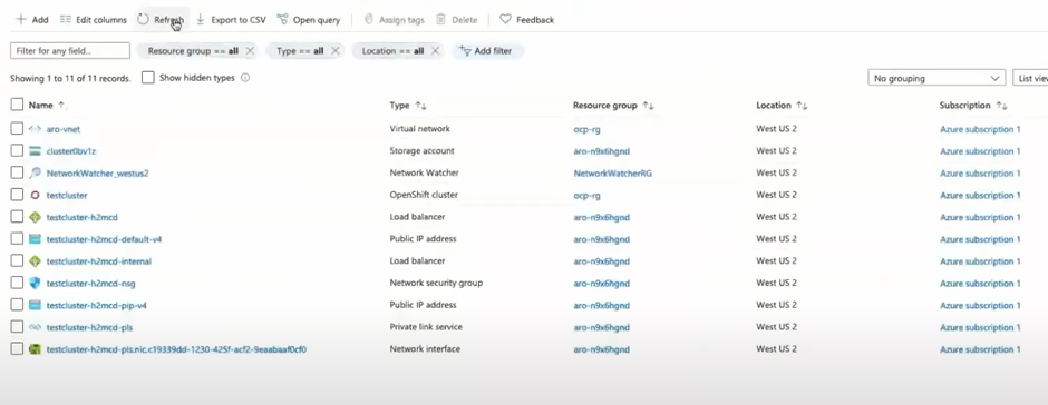 Resources displayed in the Azure portal. 