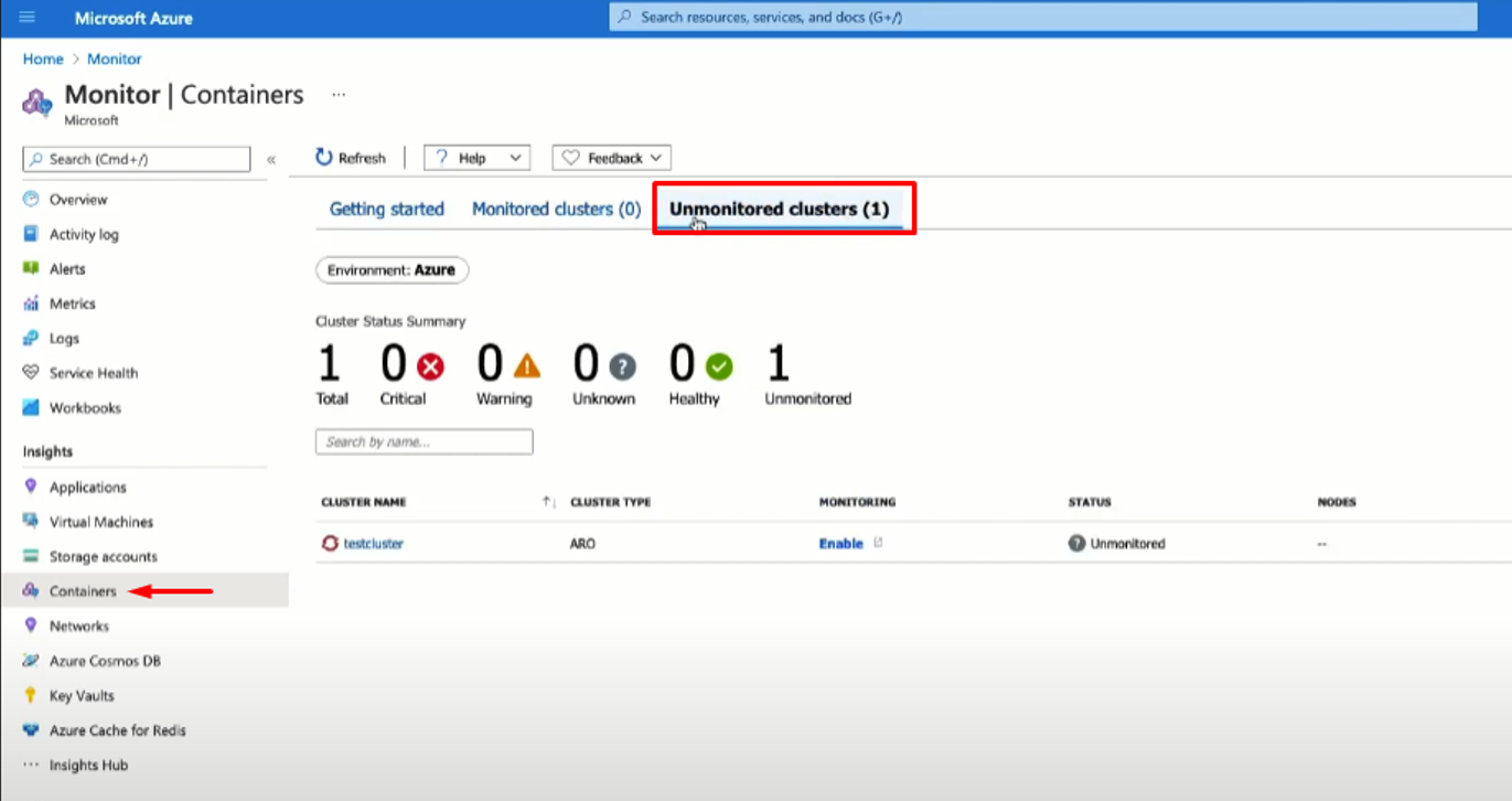 A container is displayed in the “Unmonitored clusters” section of the Azure portal. 