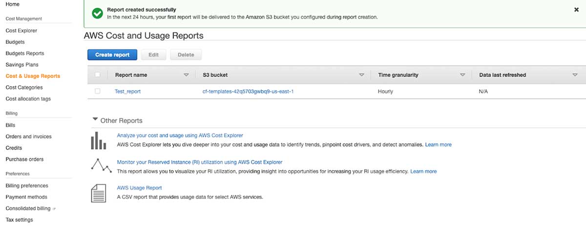 You can enable the Cost and Usage Report (CUR) in the AWS console and select an S3 bucket to host it.