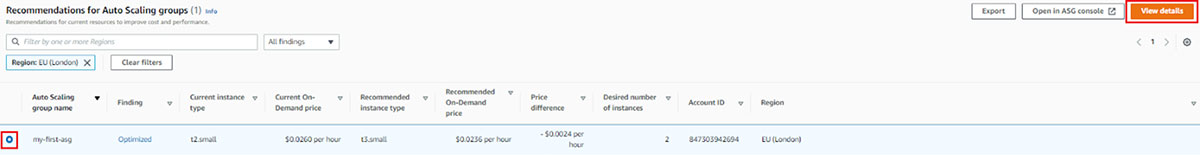 How to view AWS Compute Optimizer Auto Scaling group recommendation details