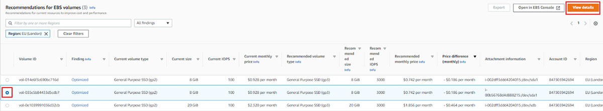 How to view AWS Compute Optimizer EBS recommendations details