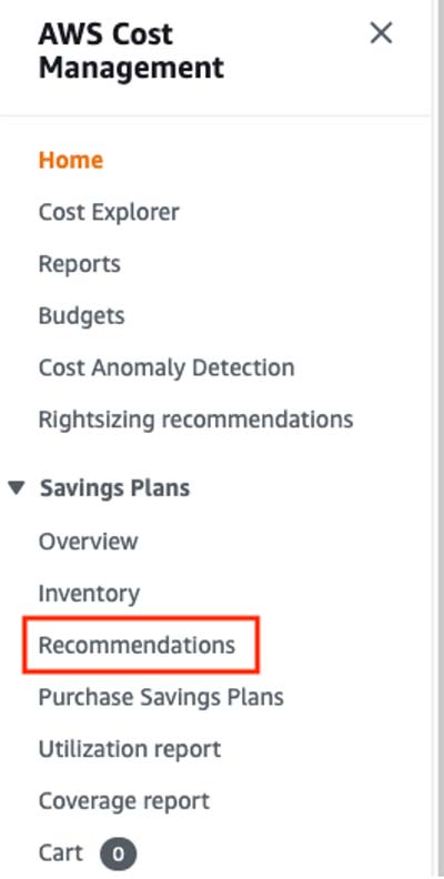 AWS Savings Plans recommendations menu