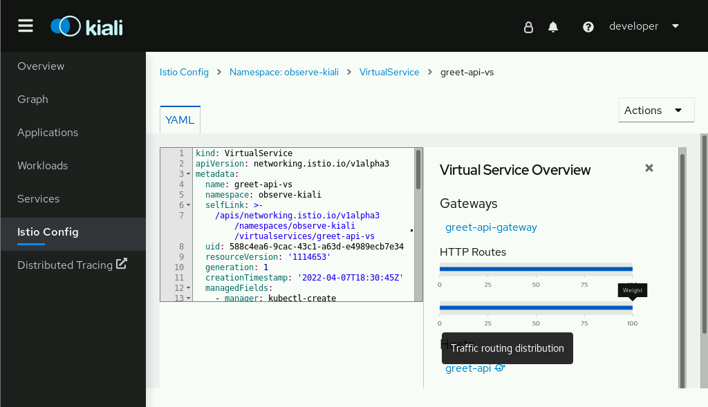 Kiali can verify Istio configuration, here giving a visual representation of how traffic balancing is configured in a Virtual Service