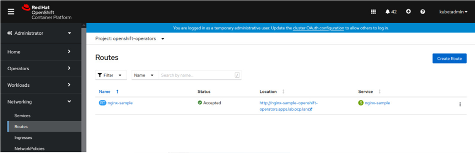 An example of how to create a default route running the Nginx image on an OpenShift cluster.