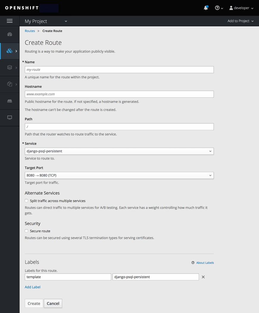 Creating an unsecured route in the OpenShift GUI.